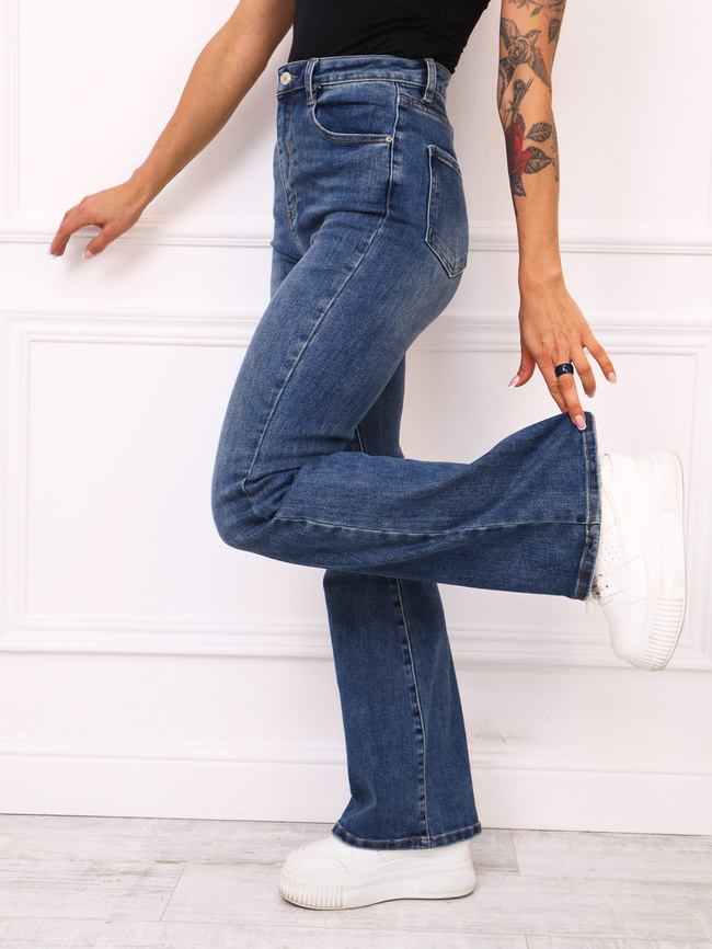 SPODNIE JEANSOWE DZWONY FLARE Z WYSOKIM STANEM- GRANATOWE