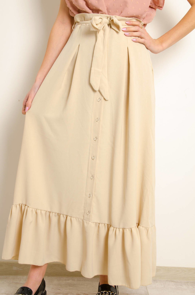 BEŻOWA MAXI SPÓDNICA Z FALBANĄ NA DOLE