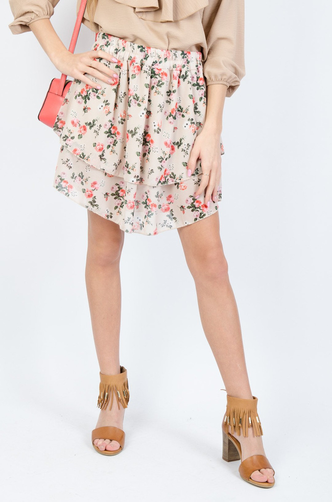 BEŻOWA SPÓDNICA ROZKLOSZOWANA W KWIATY 