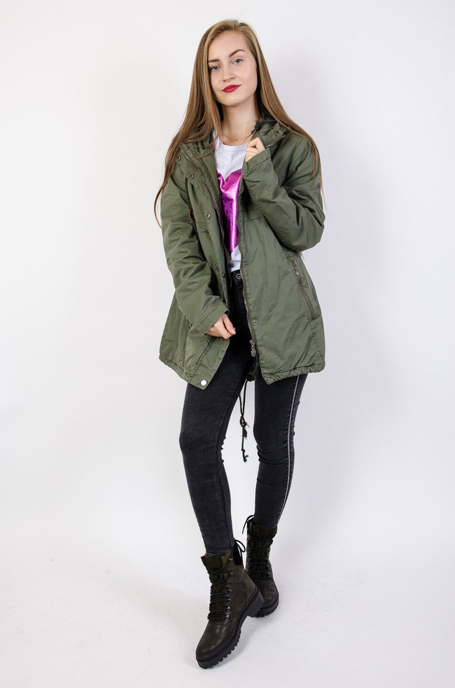 Zielona, asymetryczna kurtka parka