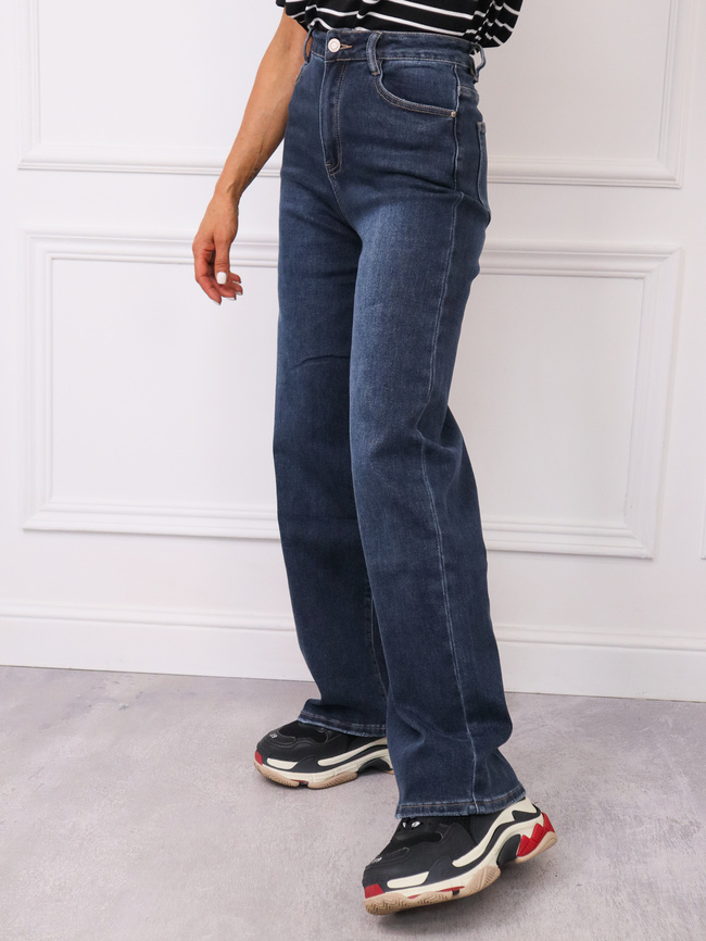 SPODNIE JEANSOWE Z SZEROKĄ NOGAWKĄ I WYSOKIM STANEM- GRANATOWE