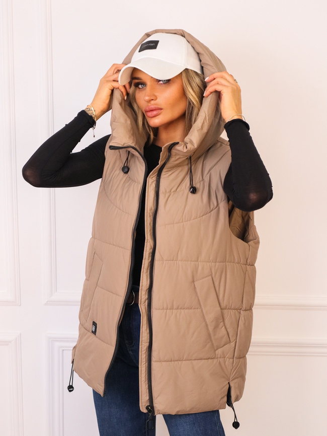 ASYMETRYCZNA KAMIZELKA Z KAPTUREM I ŚCIAGACZEM NA DOLE- CAPPUCCINO