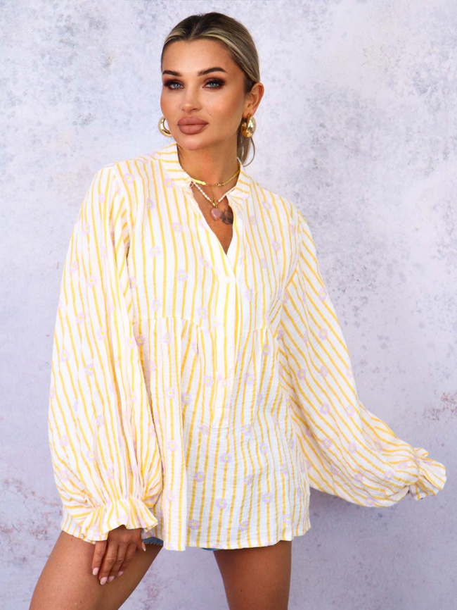 BLUZKA KOSZULOWA OVERSIZE W PASKI I KWIATY- POMARAŃCZOWA