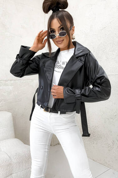 KURTKA KRÓTKI TRENCZ Z IMITACJI SKÓRY- CZARNA