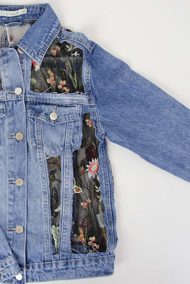 Kurtka jeansowa z haftami i elementami prześwitującymi