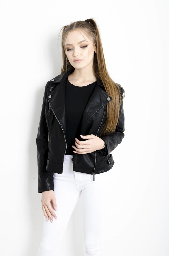 KURTKA RAMONESKA Z IMITACJI SKÓRY - CZARNA 