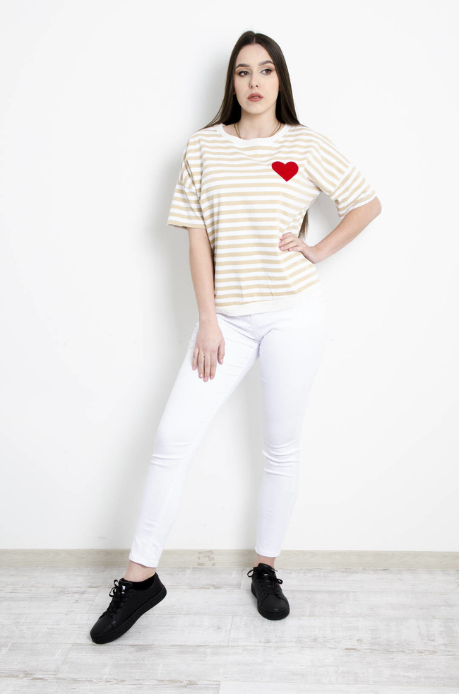 T-SHIRT BIAŁO-BEŻOWY W PASKI Z SERDUSZKIEM