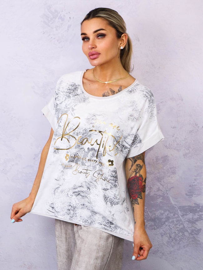 BLUZKA WZORZYSTA ZE ZŁOTYM NAPISEM- JASNOSZARA