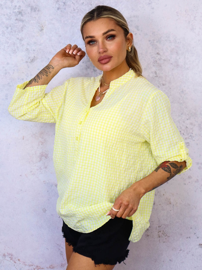 BLUZKA KOSZULOWA W KRATKĘ- ŻÓŁTA