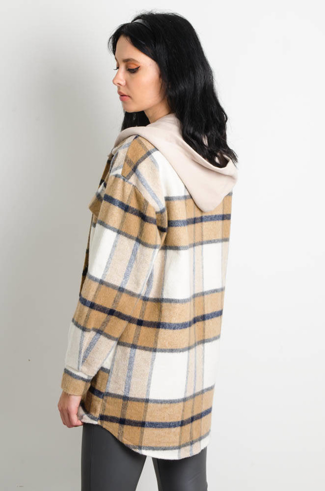 BEŻOWA KURTKA KOSZULA W KRATĘ Z KAPTUREM