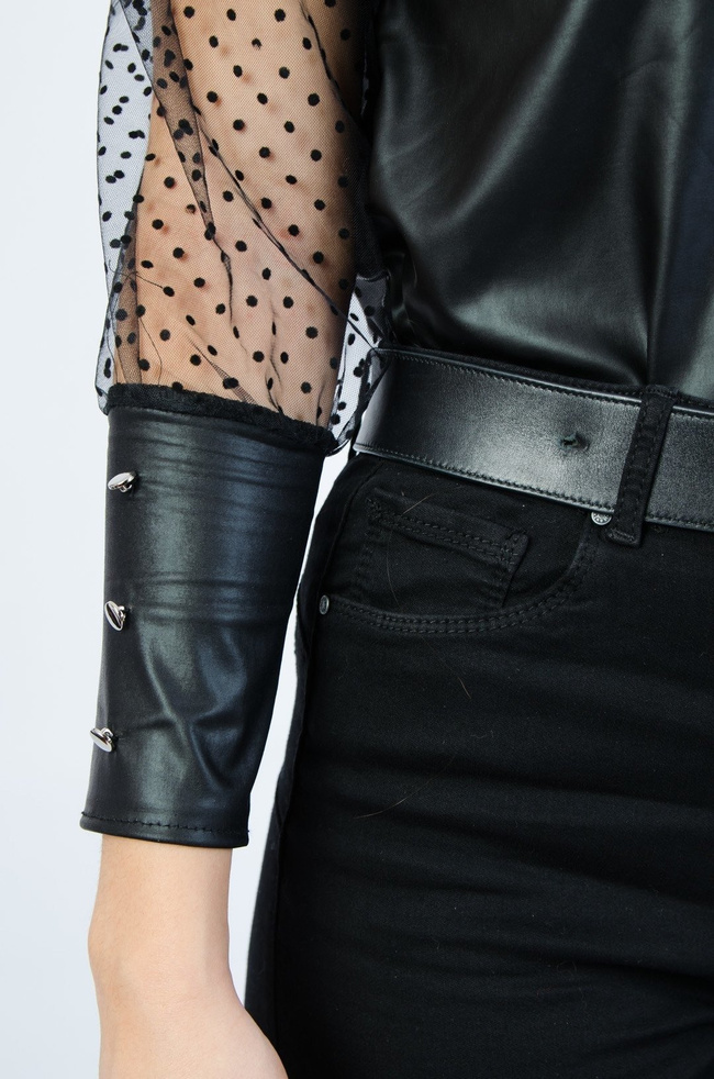 CZARNA BLUZKA Z IMITACJI SKÓRY Z SIATKĄ