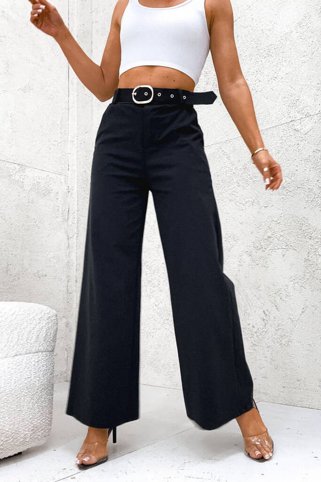 SPODNIE BAWEŁNIANE ONESIZE Z SZEROKĄ NOGAWKĄ I PASKIEM- CZARNE