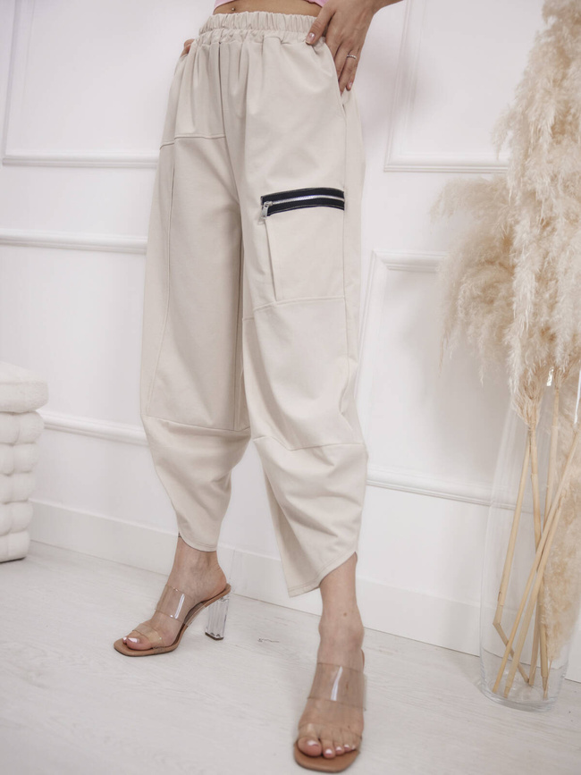 SPODNIE DRESOWE SZEROKIE Z ZAMKIEM NA NOGAWCE- JASNO BEŻOWE