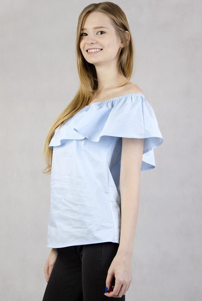 Błękitna bluzka z hiszpańskim dekoltem