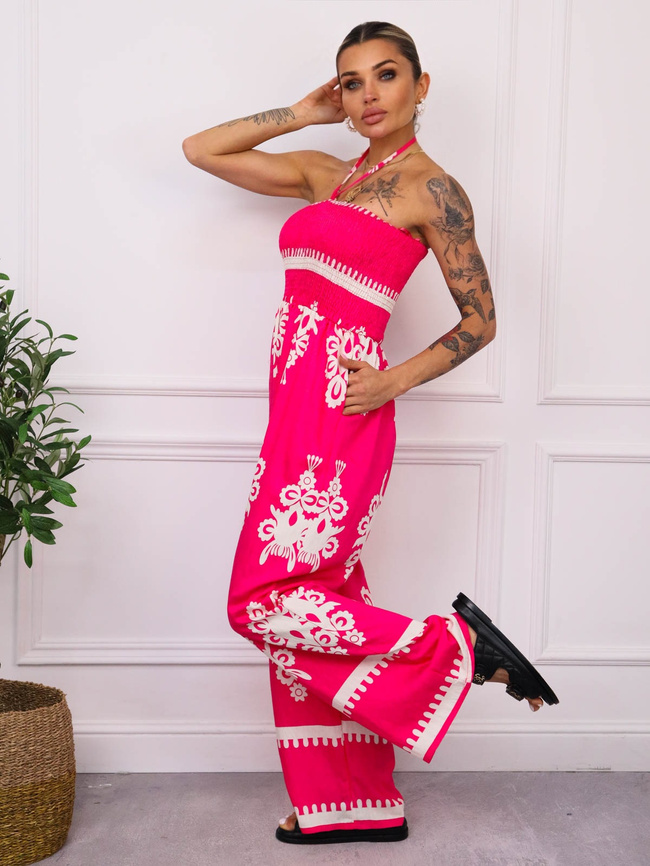 KOMBINEZON WZORZYSTY BEZ RAMIĄCZEK- FUKSJA