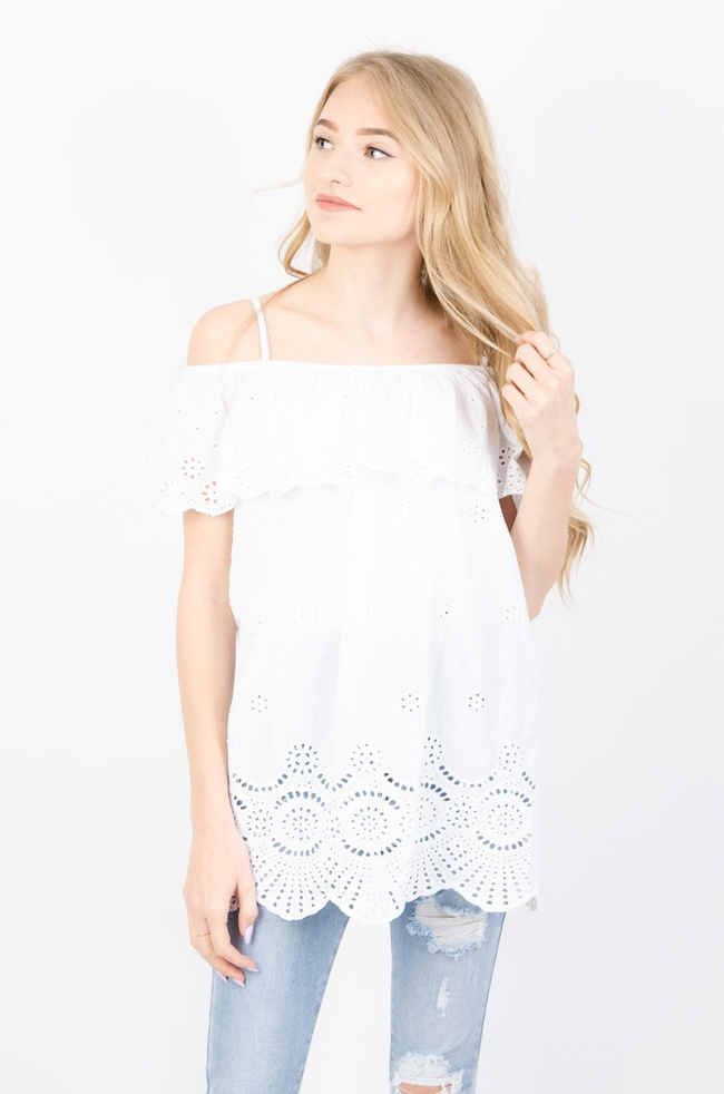Biała bluzka hiszpanka z ażurowymi wstawkami