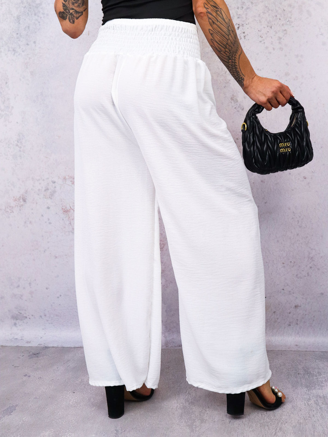 SPODNIE MATERIAŁOWE Z SZEROKIMI NOGAWKAMI I GUMĄ W PASIE- BIAŁE