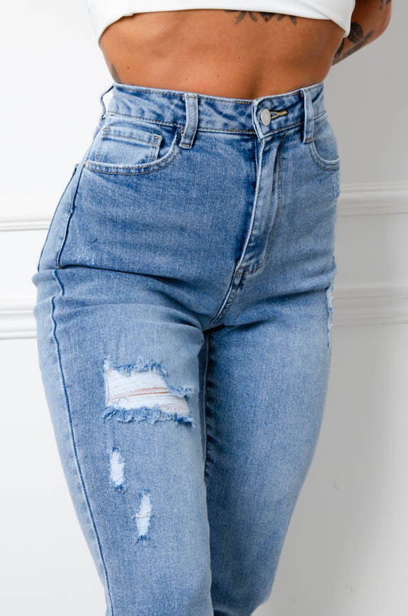 SPODNIE JEANSOWE MOM FIT Z PRZETARCIAMI- NIEBIESKIE