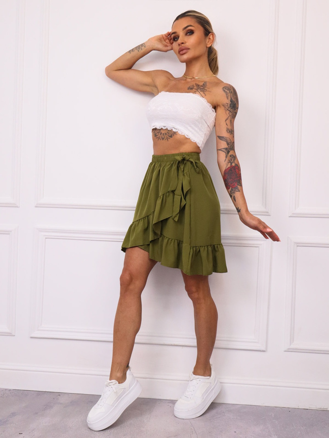SPÓDNICA Z FALBANAMI WIĄZANA W PASIE- ZIELONA