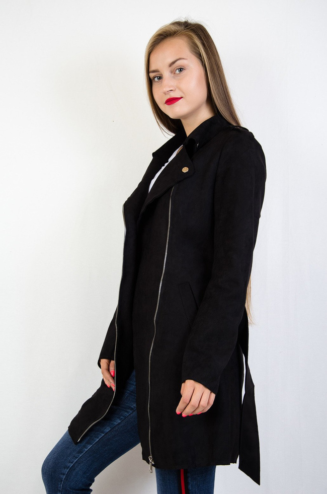 Czarny zamszowy płaszcz zapinany na zamek 