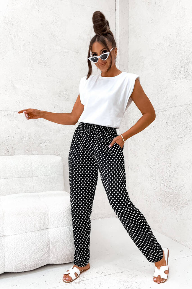 BAWEŁNIANE SPODNIE W KROPKI- CZARNE