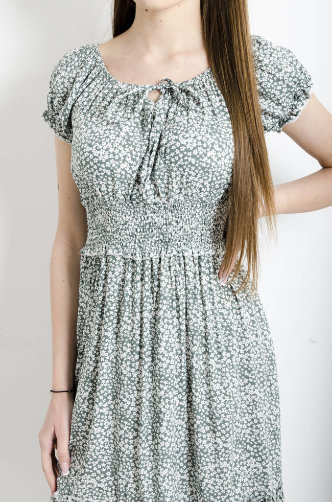 SUKIENKA W KWIATKI Z FALBANKAMI I WIĄZANIEM- ZIELONA