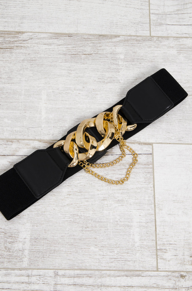 PASEK CZARNY NA GUMIE Z ŁAŃCUCHEM 