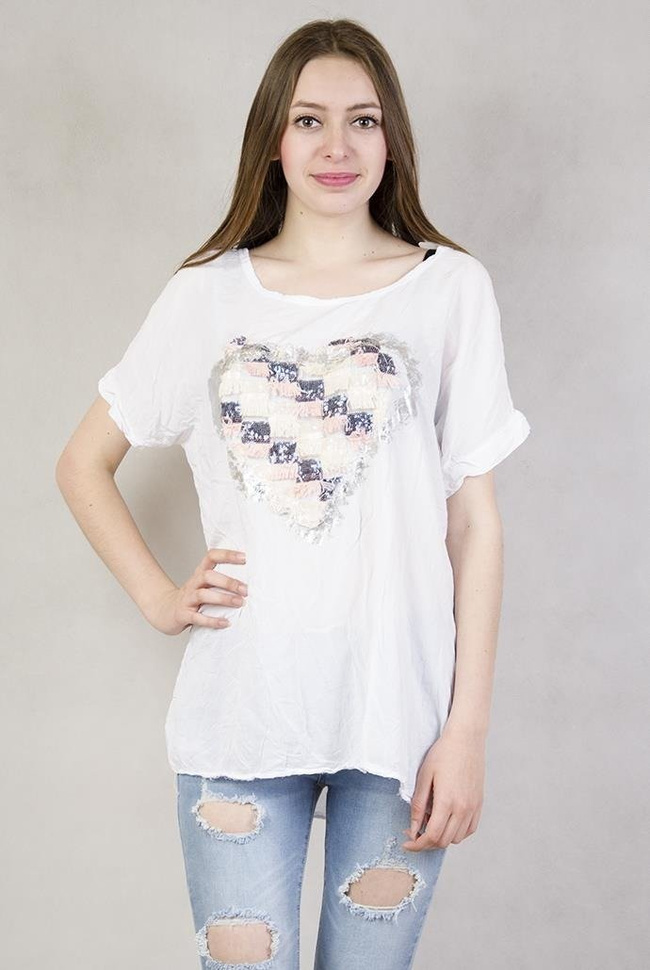 Bluzka z sercem z cekinów i frędzelków