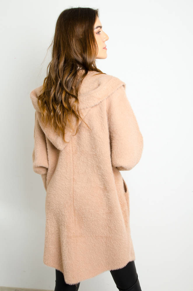 PŁASZCZ DŁUGI WEŁNIANY ALPAKA Z KAPTUREM- BRĄZOWY 