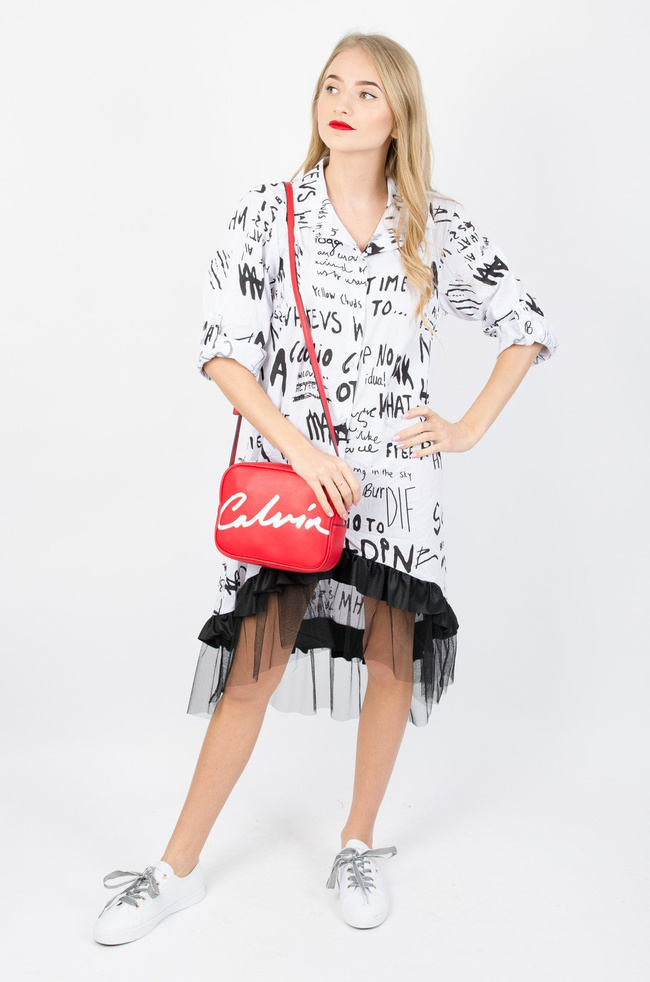 BIAŁA KOSZULOWA SUKIENKA/TUNIKA Z NAPISAMI 