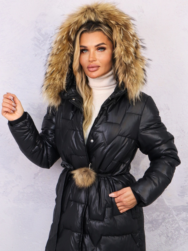 DŁUGA PIKOWANA KURTKA Z FUTERKIEM- CZARNA