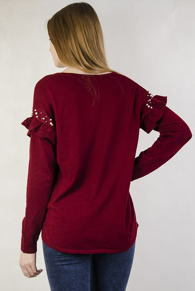 Bordowy sweterek z falbanką przy rękawie