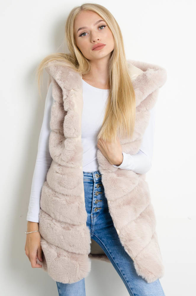 BEŻOWA FUTRZANA KAMIZELKA Z KAPTUREM