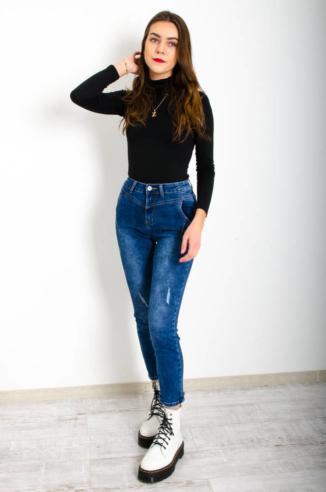 JEANSOWE SPODNIE MOM FIT Z PRZETARCIAMI I GUMKĄ W PASIE-WYSOKI STAN