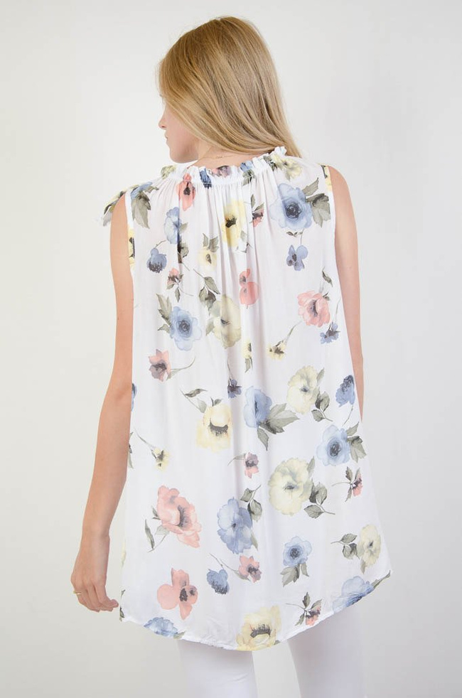 ZWIEWNA BLUZKA W KWIATY Z WIĄZANIEM NA RAMIENIU 