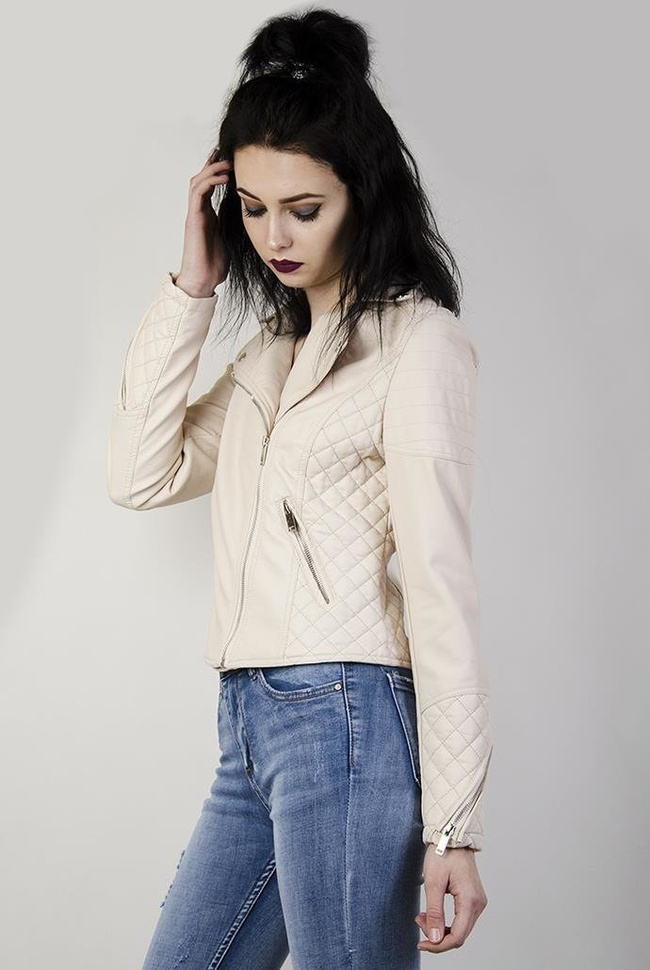 Beżowa kurtka ramoneska z zamkami