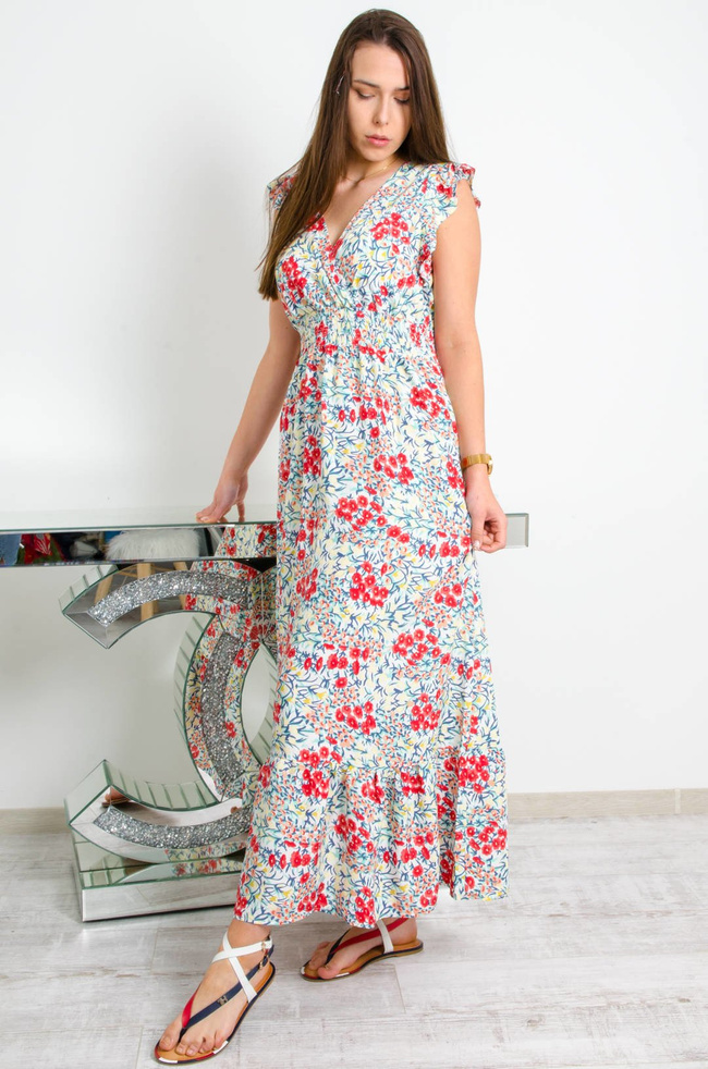 BIAŁA DŁUGA SUKIENKA W KWIATY Z KOPERTOWYM DEKOLTEM 