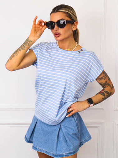 T-SHIRT W PASKI Z OZDOBNYMI GUZIKAMI- NIEBIESKI