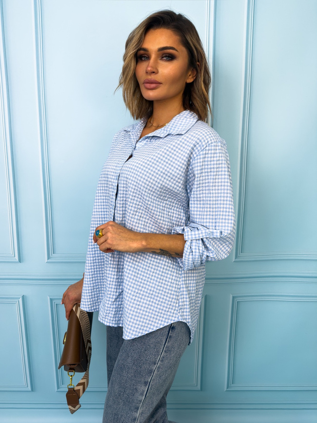 KOSZULA W DROBNĄ KRATKĘ ZAPINANA NA GUZIKI- NIEBIESKA