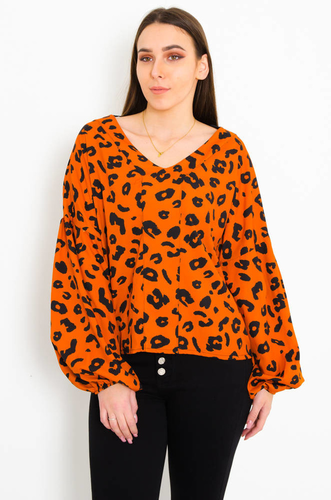 POMARAŃCZOWA BLUZKA W CĘTKI Z DEKOLTEM W  SZPIC