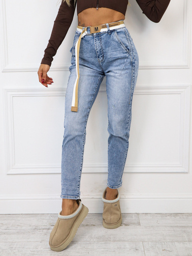 SPODNIE JEANSOWE MOM FIT  Z PRZECZYCIEM I PRZETARCIAMI+ PASEK