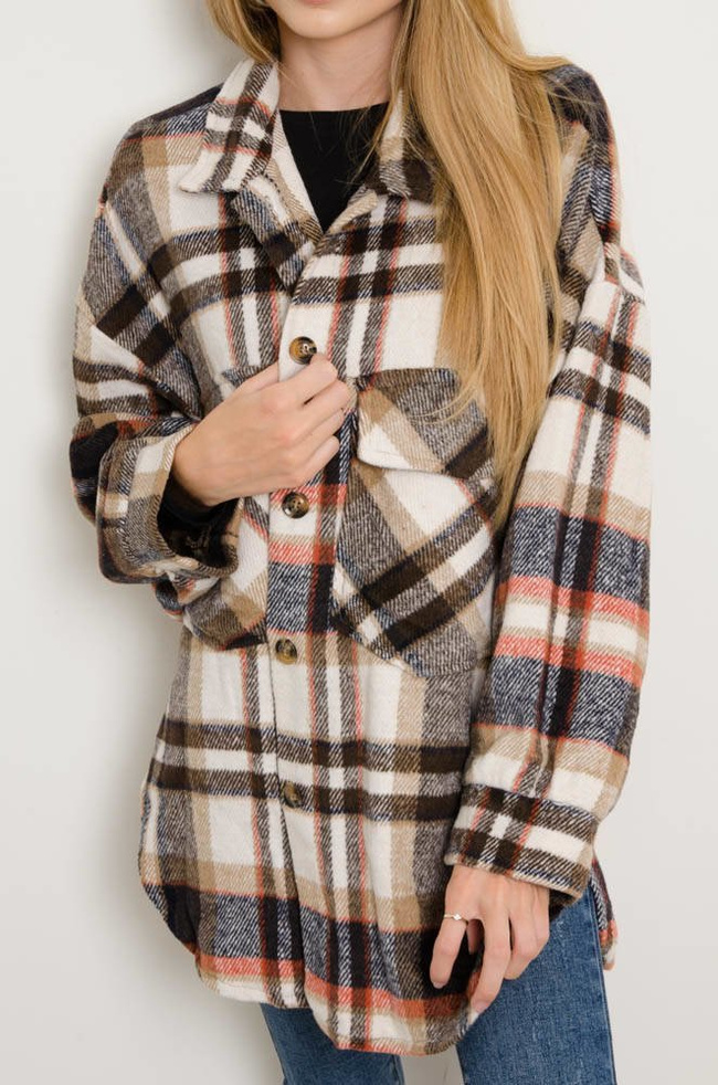 KURTKA KOSZULOWA W KRATĘ - BRĄZOWA