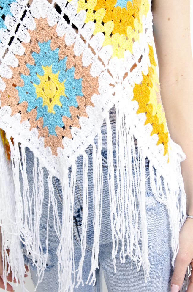 BLUZKA AŻUROWA NA RAMIĄCZKA Z FRĘDZLAMI - BIAŁA