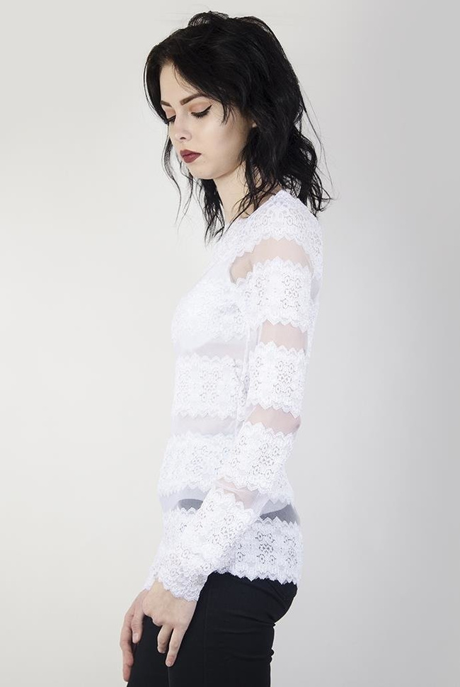 Biała bluzka z długim rękawem, ze wstawkami z koronki