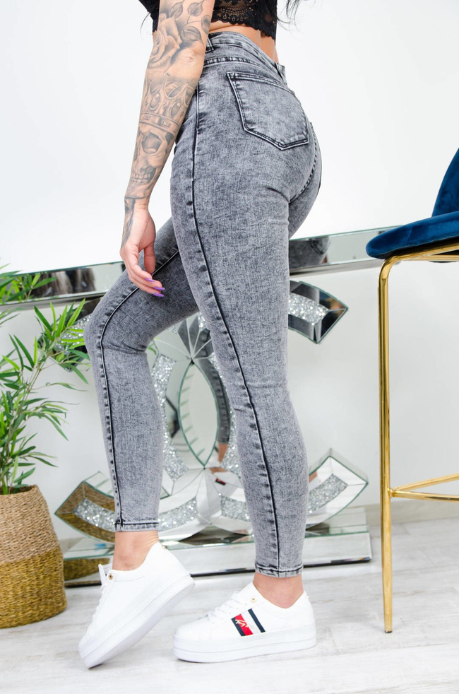 SZARE SPODNIE JEANSOWE Z GUZIKAMI - WYSOKI STAN