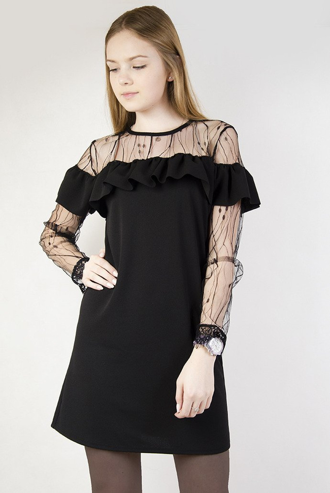 Czarna sukienka z falbanką i transparentną wstawką