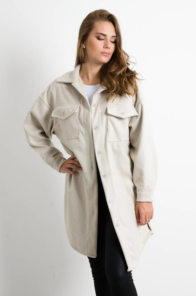 BEŻOWY DŁUGI PŁASZCZ KOSZULOWY