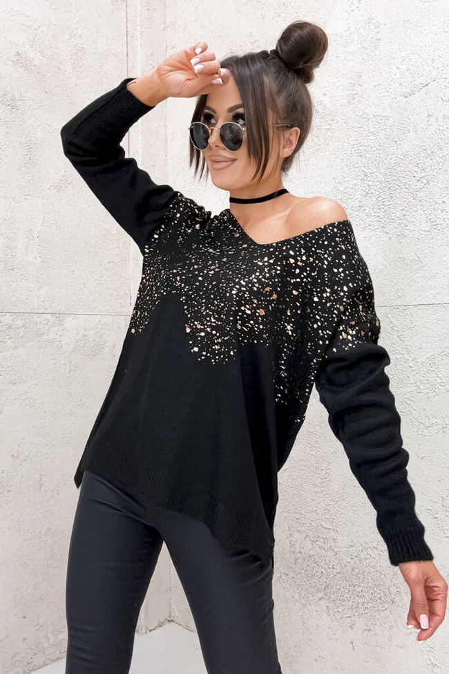 SWETER TUNIKA Z OZDOBNYM ZŁOTEM- CZARNY
