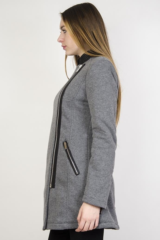 Ciemno-szary płaszcz wiosenny ze skórkowymi wstawkami