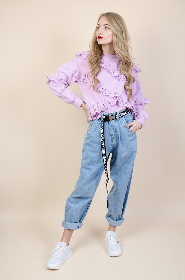 Niebieskie spodnie typu balloon jeans z wysokim stanem 